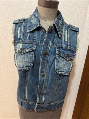 Free People Distressed Blue Denim Vest Bohemian